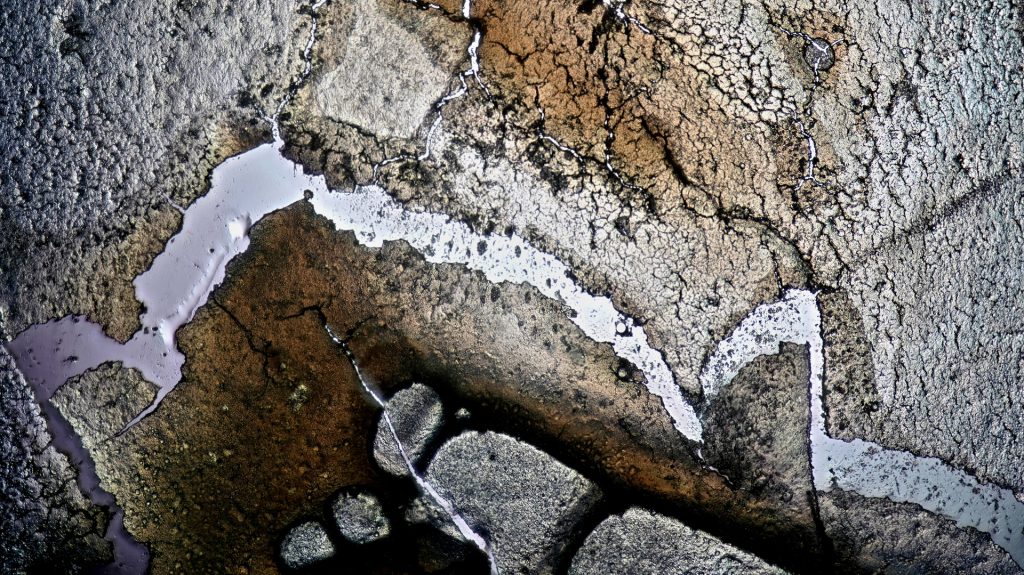 photomicrography, microscopic photography, microscopy art, dried egg white, eggshell membrane, microscopic landscapes, drought photography, dry riverbeds, cracked earth, water scarcity, climate change, El Niño, environmental photography, abstract nature photography, science and art, fine art photography, natural patterns, fracture patterns, evaporation, macro photography, Tian Olivier, Live Slower Look Closer, When Rivers Run Dry